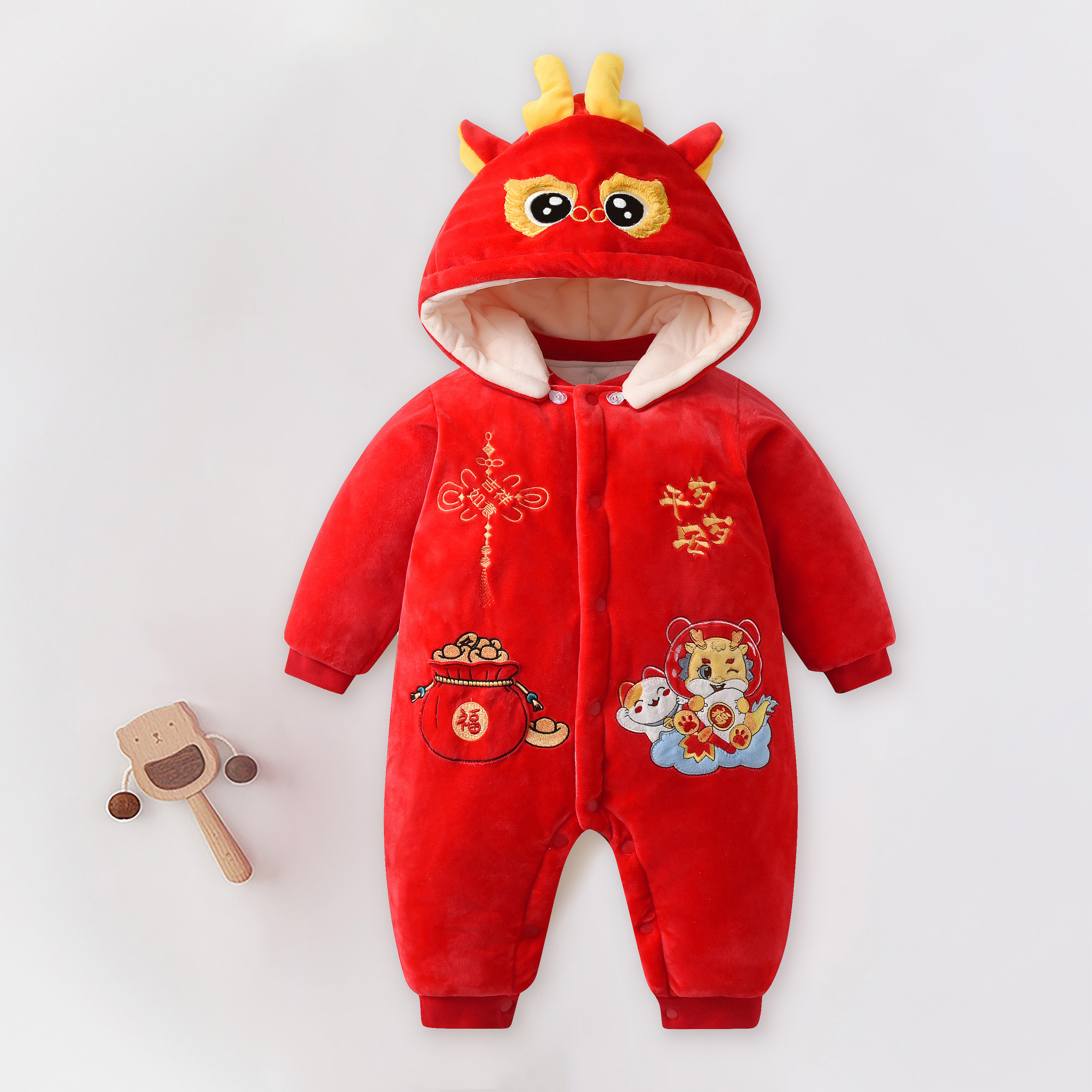 秋冬加厚加绒婴儿连体衣红色带帽