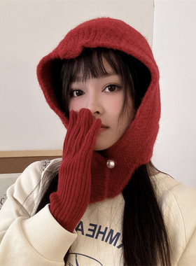 秋冬女红色保暖加厚毛线帽一体式护耳针织巴拉克拉法帽显脸小围脖