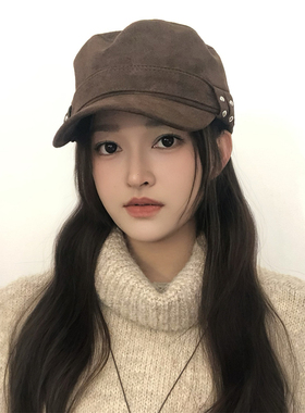 韩版复古麂皮海军帽女秋冬美拉德色系铆钉显脸小百搭鸭舌帽画家帽