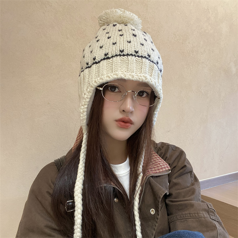 加绒加厚爱心毛球可爱雷锋帽女秋冬季针织费尔岛护耳帽毛线帽子