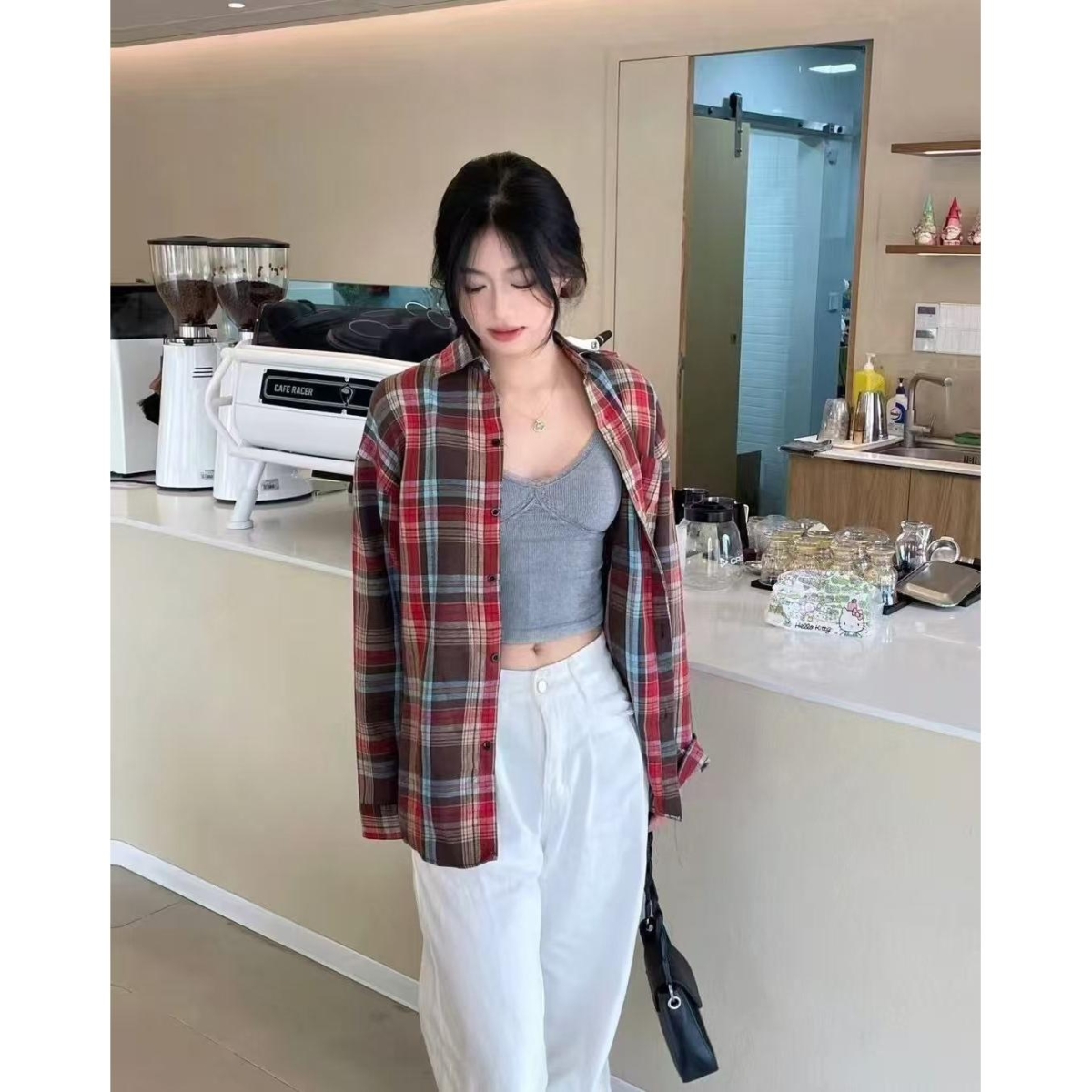 美拉德覆古格子撞色长袖