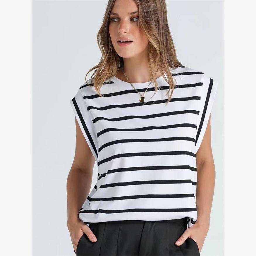 春夏新款宽松短袖T恤条纹女背心women blouse ladies top t shirt