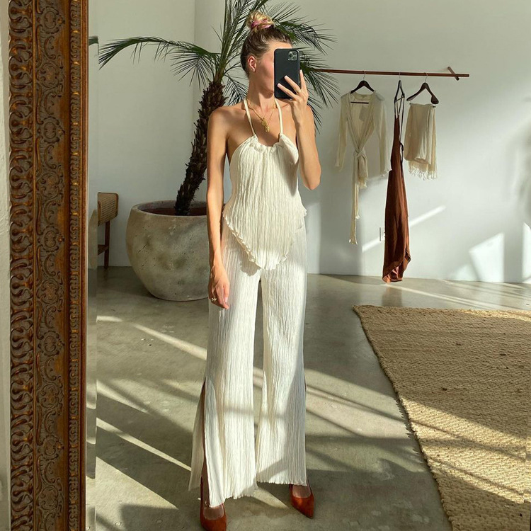 2022 new sexy camisole beige pleated slit pants suit�6�7� 女装/女士精品 时尚套装 原图主图