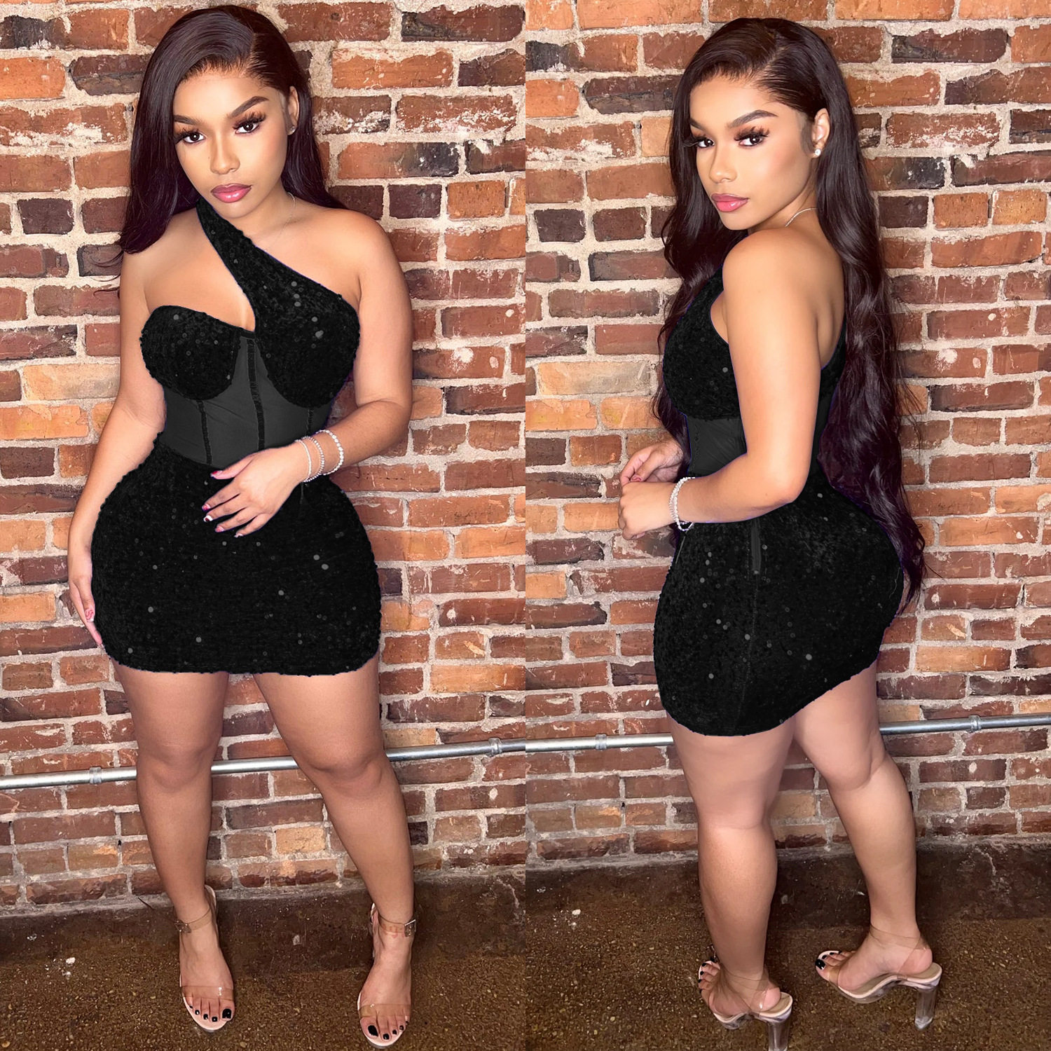 sexy party dress summer 欧美女装时尚性感网纱珠片斜肩短连衣裙