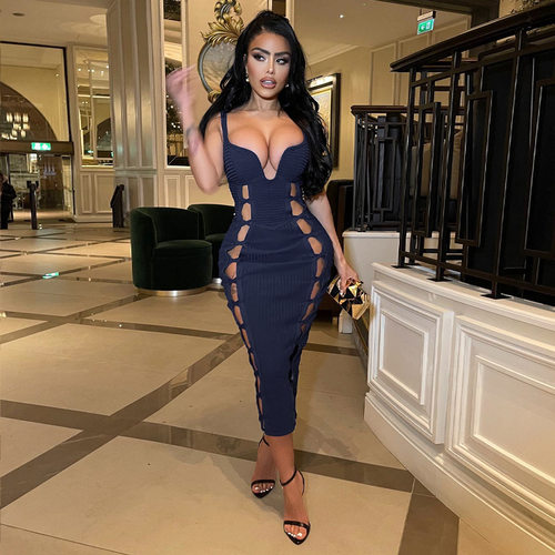 Sexy Bodycon Dresses long Evening Party Dress v neck black