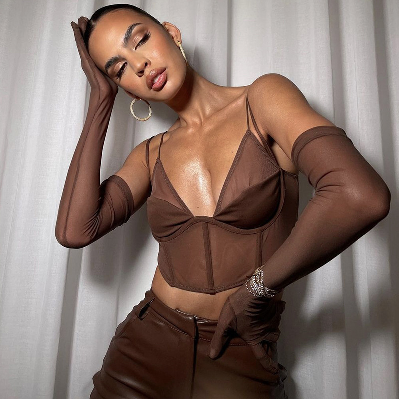 mesh See-through halter top纯色吊带套头网纱鱼骨塑形手套上衣