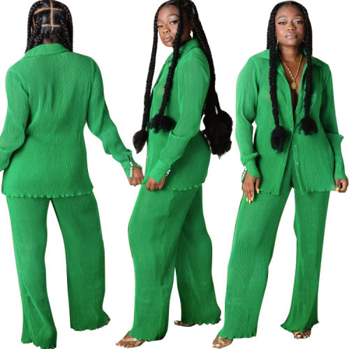 Women's autumn shirt pleated top and trousers suit