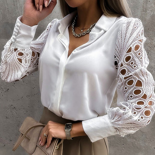 White Lace Shirts Women Blouse 2024 Spring Black Tops Ladies