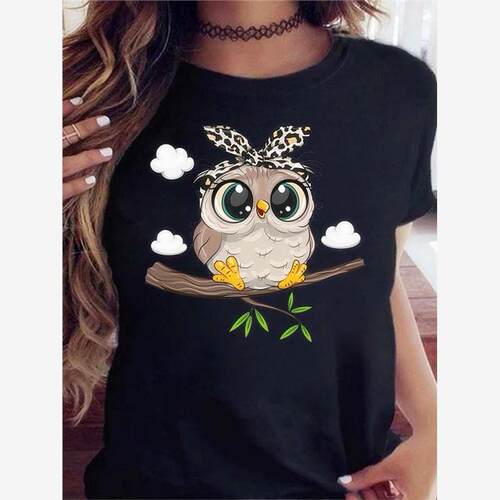 Cartoon Owl Print T Shirt Women Summer Tee Tops Lady Shirts