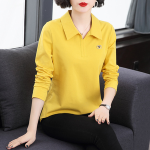 长袖t恤女2023秋季宽松显瘦大码女装中年妈妈打底polo衫上衣翻领