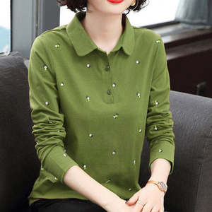 长袖t恤女2023春秋新款中年妈妈新款宽松显瘦百搭polo衫翻领上衣