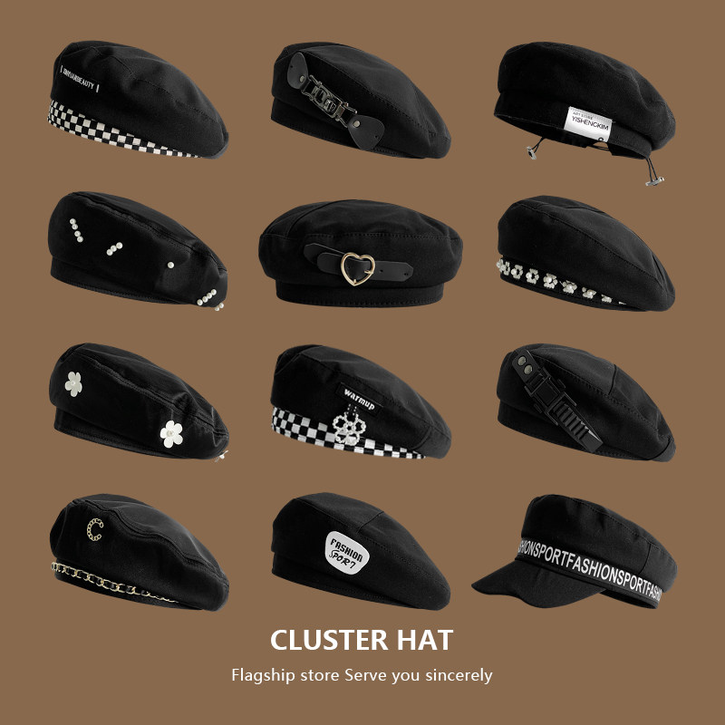 一些简单百搭的黑色帽子女春夏款贝雷帽韩版时尚防晒显脸小画家帽