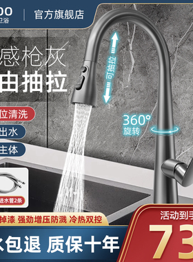 枪灰色抽拉式厨房水龙头冷热洗菜盆家用铜洗碗池防溅神器万向伸缩
