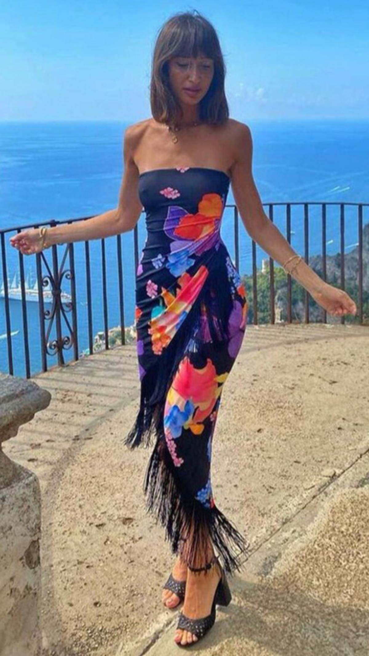 Ahagaga 欧美风性感一字肩裹胸连衣裙时尚印花流苏不规则中长裙女