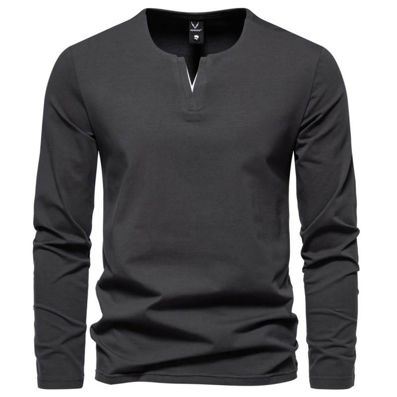 外贸高品质秋季亨利衫V领长袖T恤休闲纯色打底衫 T-shirt for men