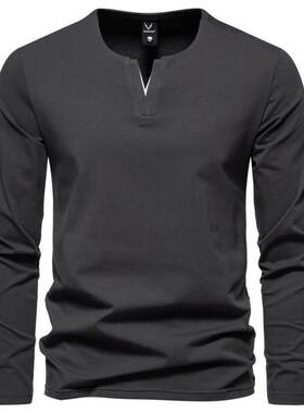 外贸高品质秋季亨利衫V领长袖T恤休闲纯色打底衫 T-shirt for men
