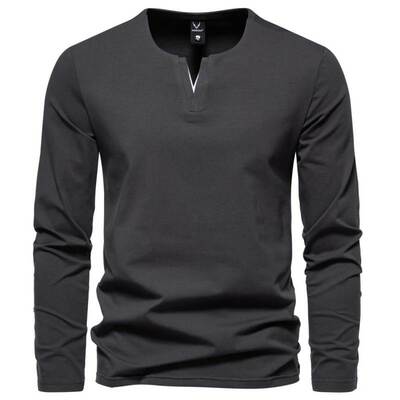外贸高品质秋季亨利衫V领长袖T恤休闲纯色打底衫 T-shirt for men