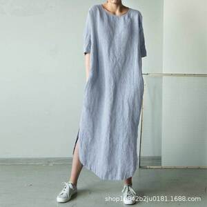 日系夏季新款2023欧美女装休闲宽松圆领中袖显瘦开叉连衣裙DRESS