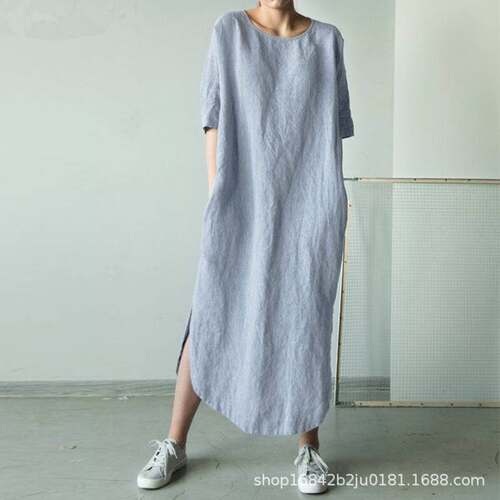 日系夏季新款2023欧美女装休闲宽松圆领中袖显瘦开叉连衣裙DRESS