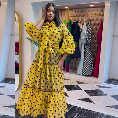 2022欧美大码波点长款连衣裙Plus Size Yellow Girls Dress Women