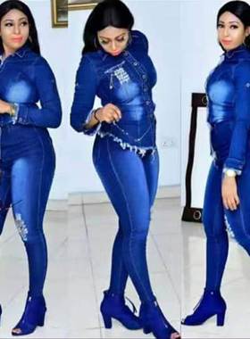 俄罗斯欧美非洲时尚牛仔套装洞两件套 Africa Women Jeans Suits