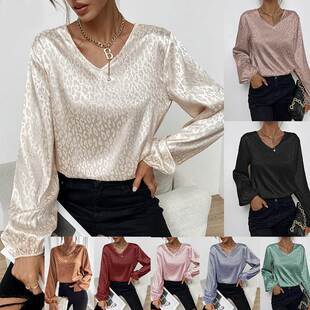Spring/Summer V-Neck Leopard Jacquard Longsleeve Top豹纹上衣