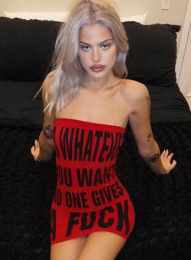 printed warp chest strapless dress无袖字母印花包臀裹胸辣妹裙