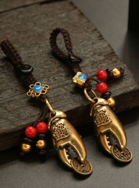 批发五帝钱黄铜蟹钳钥匙扣吊坠  男女钥匙包包饰品手中有钳挂件