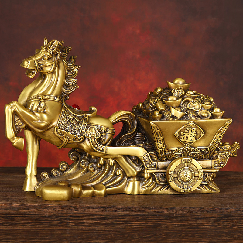 黄铜马拉车摆件玄关马拉财宝元宝车商务礼品大号桌面铜金马送财