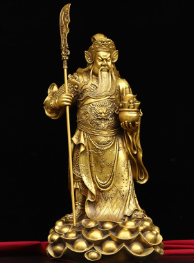 黄铜关公摆件手托元宝立刀武关二爷铜像家居店铺供奉装饰礼品