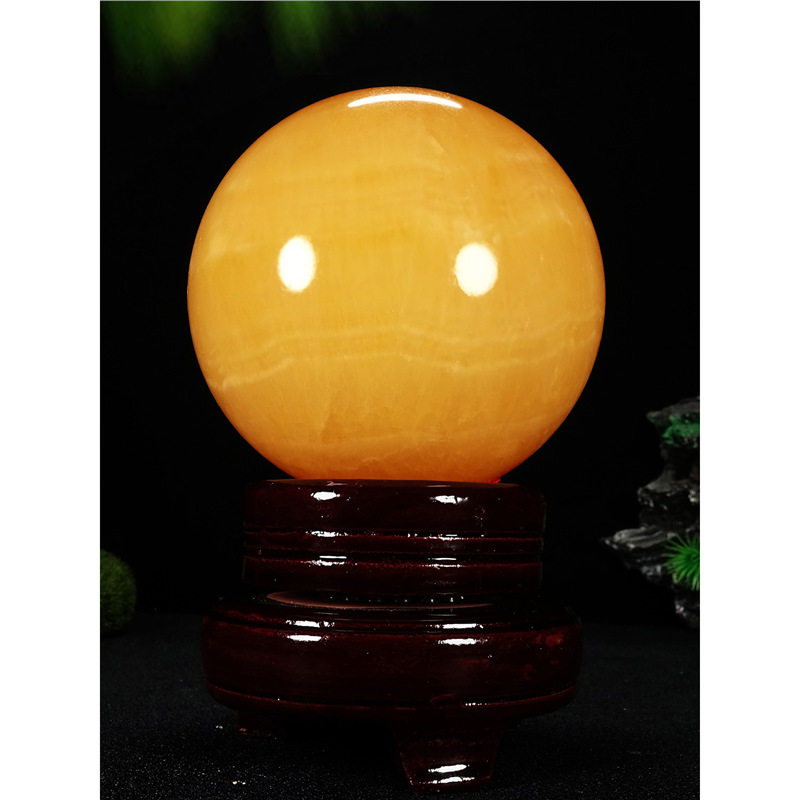 天然黄玉球摆件玉石米黄玉水晶球圆球风水球玄关书房院子摆件装饰