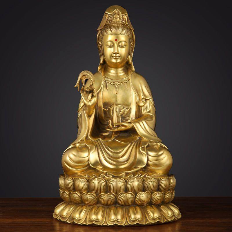 黄铜观音佛像供奉家用客厅摆件南海坐莲铜观世音菩萨神像体