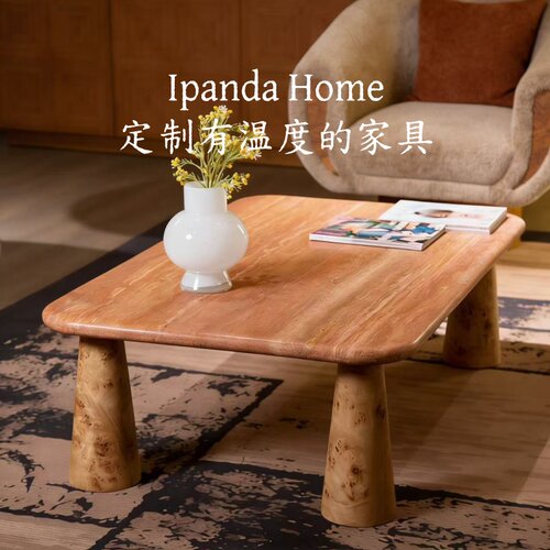 中古风实木树瘤皮大理石茶几法式复古高级感客厅长方形茶桌小桌子