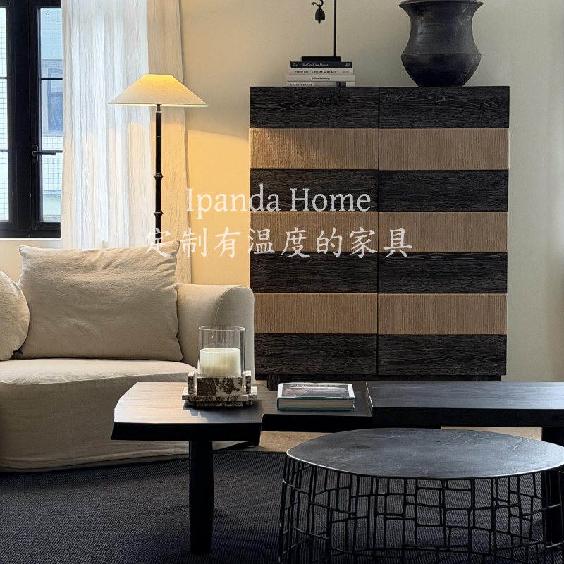 中古侘寂风实木拼色绳编半高柜