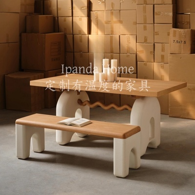 中古风实木麦兜餐桌椅组合奶油风