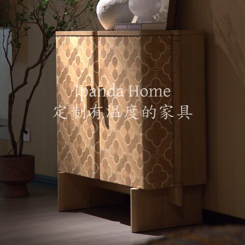 中古风实木拼花四叶草餐边柜老钱风设计师款高级感储物柜玄关柜子