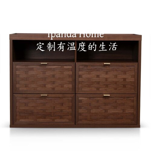 中古风实木胡桃木色餐边柜法式复古高级感家用客厅设计师款储物柜
