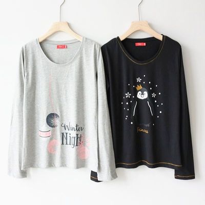 外贸纯棉女士睡衣上衣居家休闲打底长袖T恤薄款圆领家居服可外穿