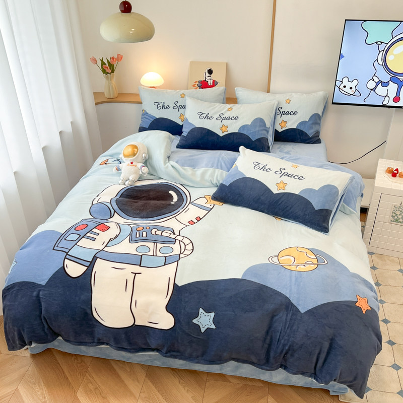 卡通风加厚牛奶绒四件套2024新款宇航员珊瑚绒被套儿童床上三件套,床上用品,床品套件/四件套/多件套,淘宝优惠券,粉丝福利购,淘宝优惠卷