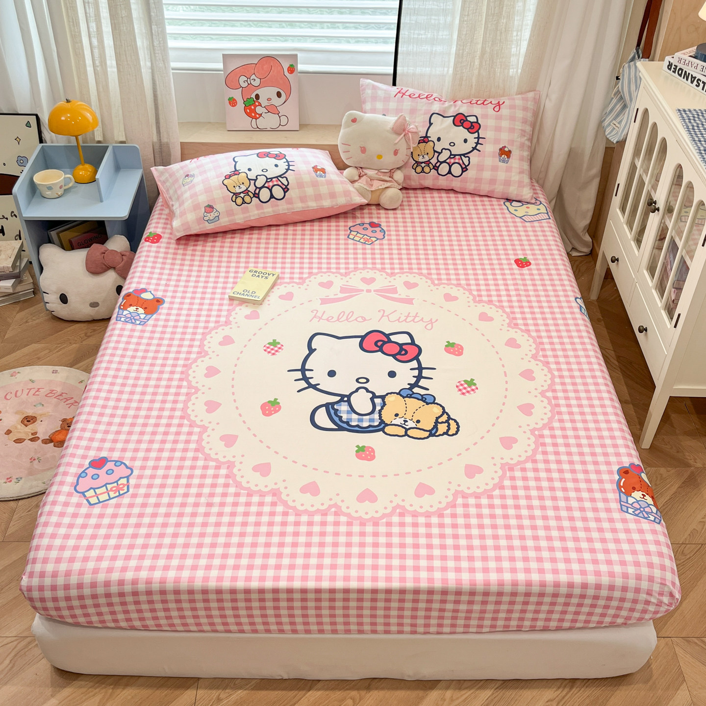 卡通风全棉床单床笠三件套KT猫纯棉女孩床罩儿童床垫保护套防尘罩,床上用品,床笠,淘宝优惠券,粉丝福利购,淘宝优惠卷