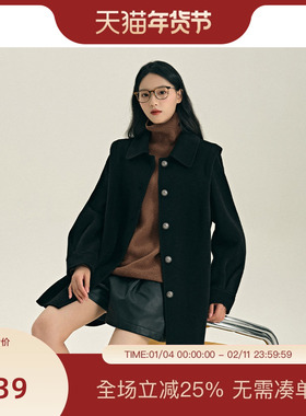 PIT赫本风100绵羊毛中长款复古翻领双面尼大衣宽松廓形外套女冬