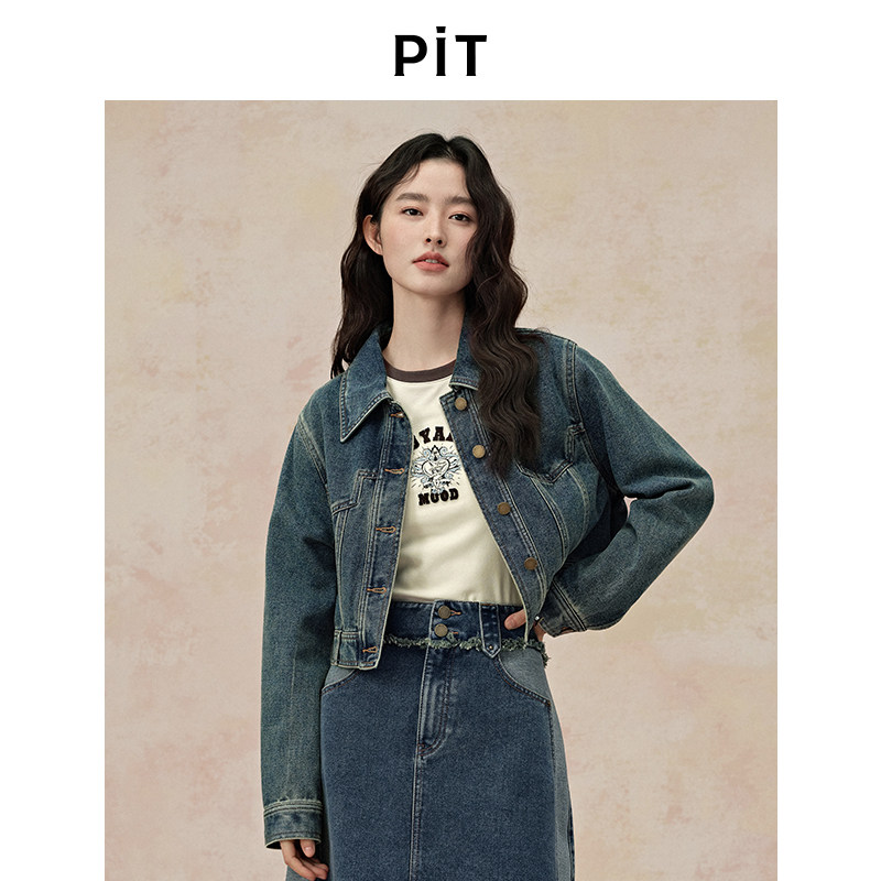 PIT复古水洗蓝色短款牛仔外套女秋季小个子修身夹克上衣图片
