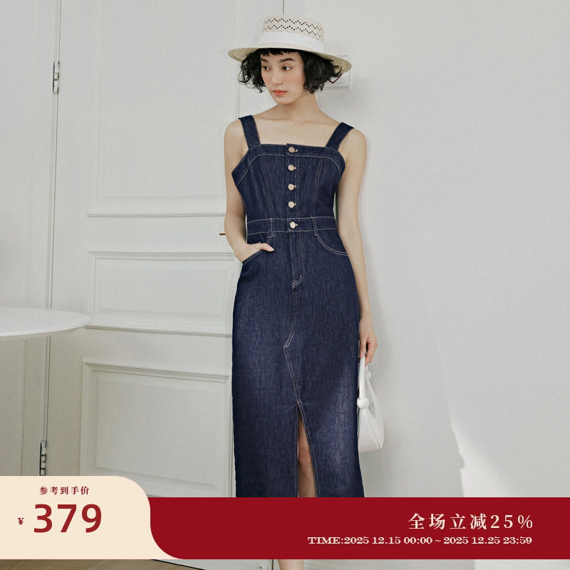 PIT复古设计感气质吊带牛仔连衣裙女开叉2025夏季多巴胺茶歇裙子