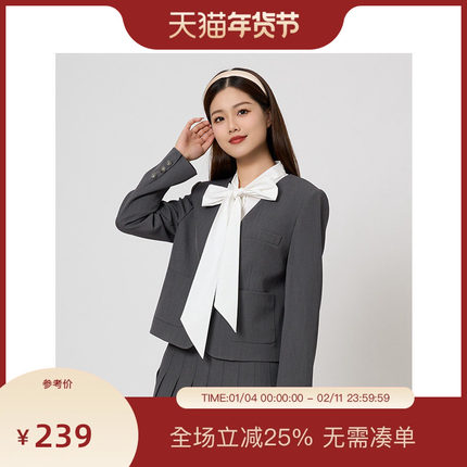 PIT复古蝴蝶结假两件西装外套女2025秋学院风职业正装上衣