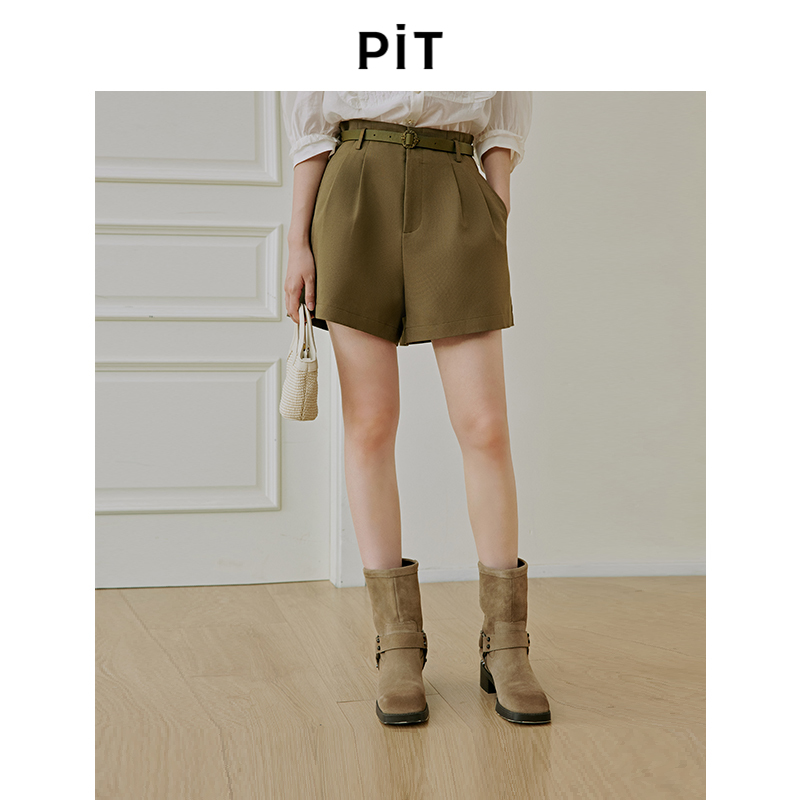 PIT复古法式高腰时尚休闲裤女2025秋季新款百搭宽松显瘦西装短裤