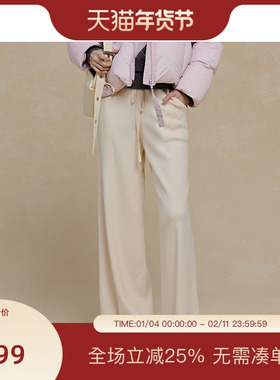 PIT运动风复古米白色松紧腰直筒休闲裤女2025春季新款百搭显瘦