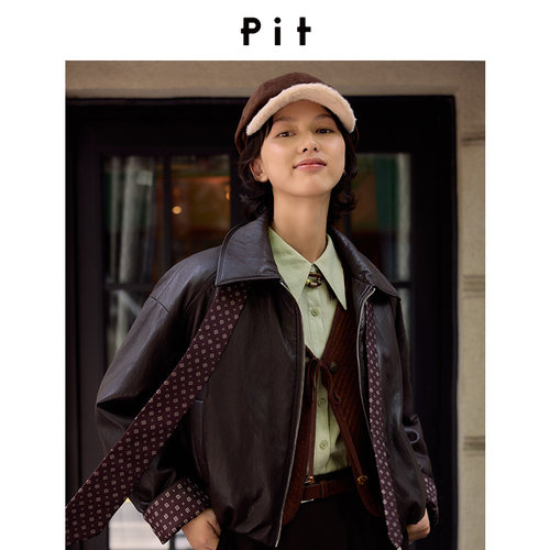 PIT复古机车PU皮羽绒服女26冬季新款格纹领带翻领宽松酷感外套