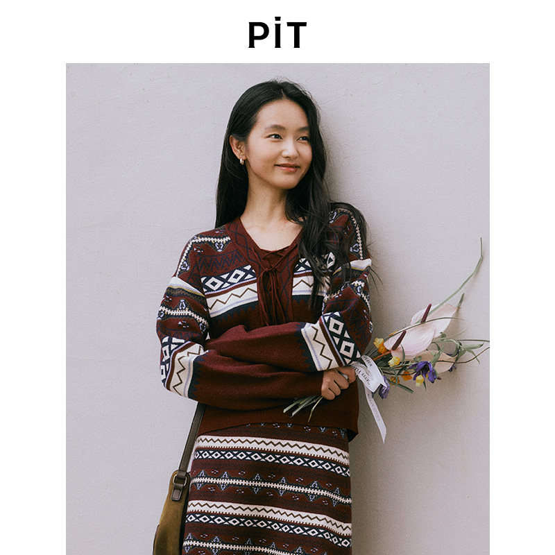 PIT复古拼色套头毛针织衫女2025秋季新款毛衣国庆圣诞元旦百搭