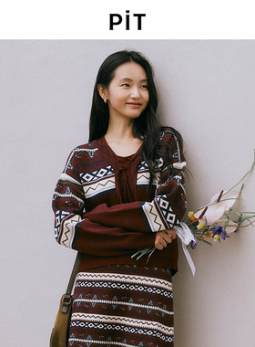 PIT复古拼色套头毛针织衫女2025春季新款毛衣国庆圣诞元旦百搭