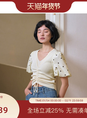 PIT米白V领抽绳收腰短袖针织衫女2025夏灯笼袖薄款透气T恤上衣